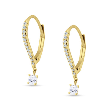 Round & Princess Cut CZ Dangle Hoop Leverback Earrings Yellow Tone 925 Sterling Silver